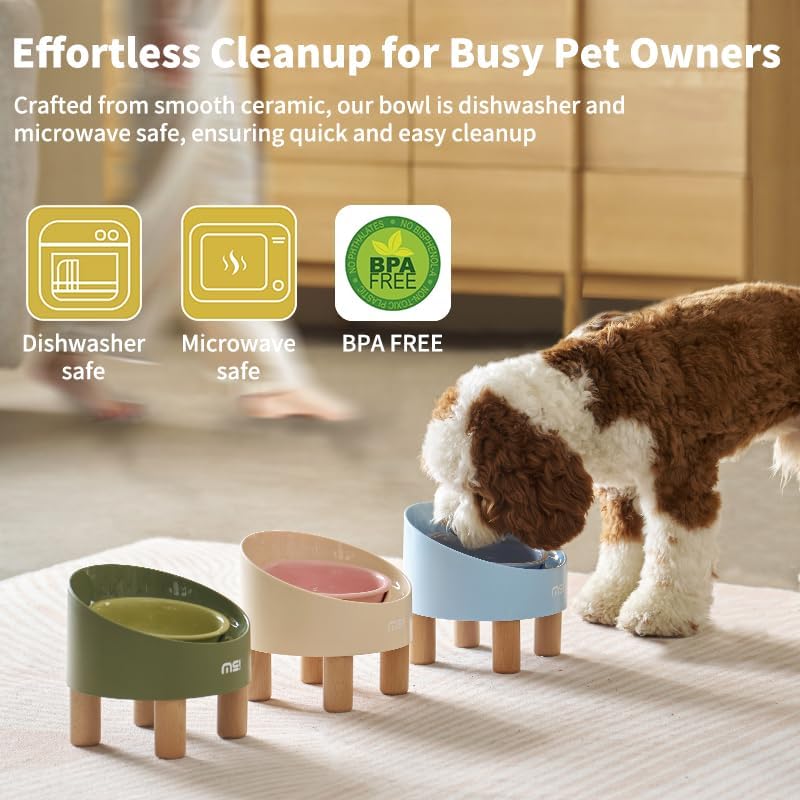 MS!MAKE SURE Ceramic Elevated Cat Bowls, Adjustable Raised Double Bowls Set, Pet Bowl with Anti Slip Rubber Pad, Leak-Proof, Stress Neck Free Food & Water Bowls for Small Dogs Geen - Image 5